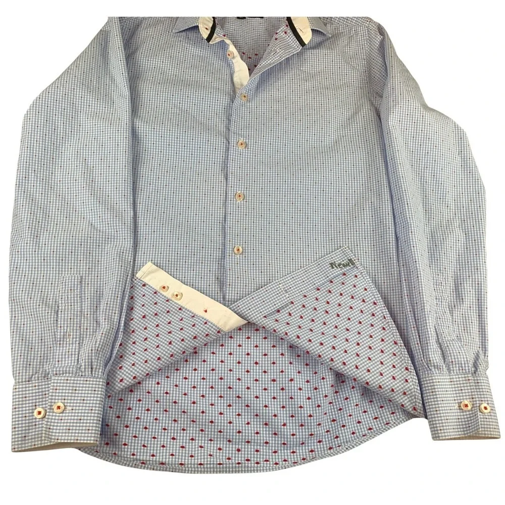Versace 19V69 Mens Blue Gingham Red Dot Button Down Shirt‎ Modern Fit Small 14.5